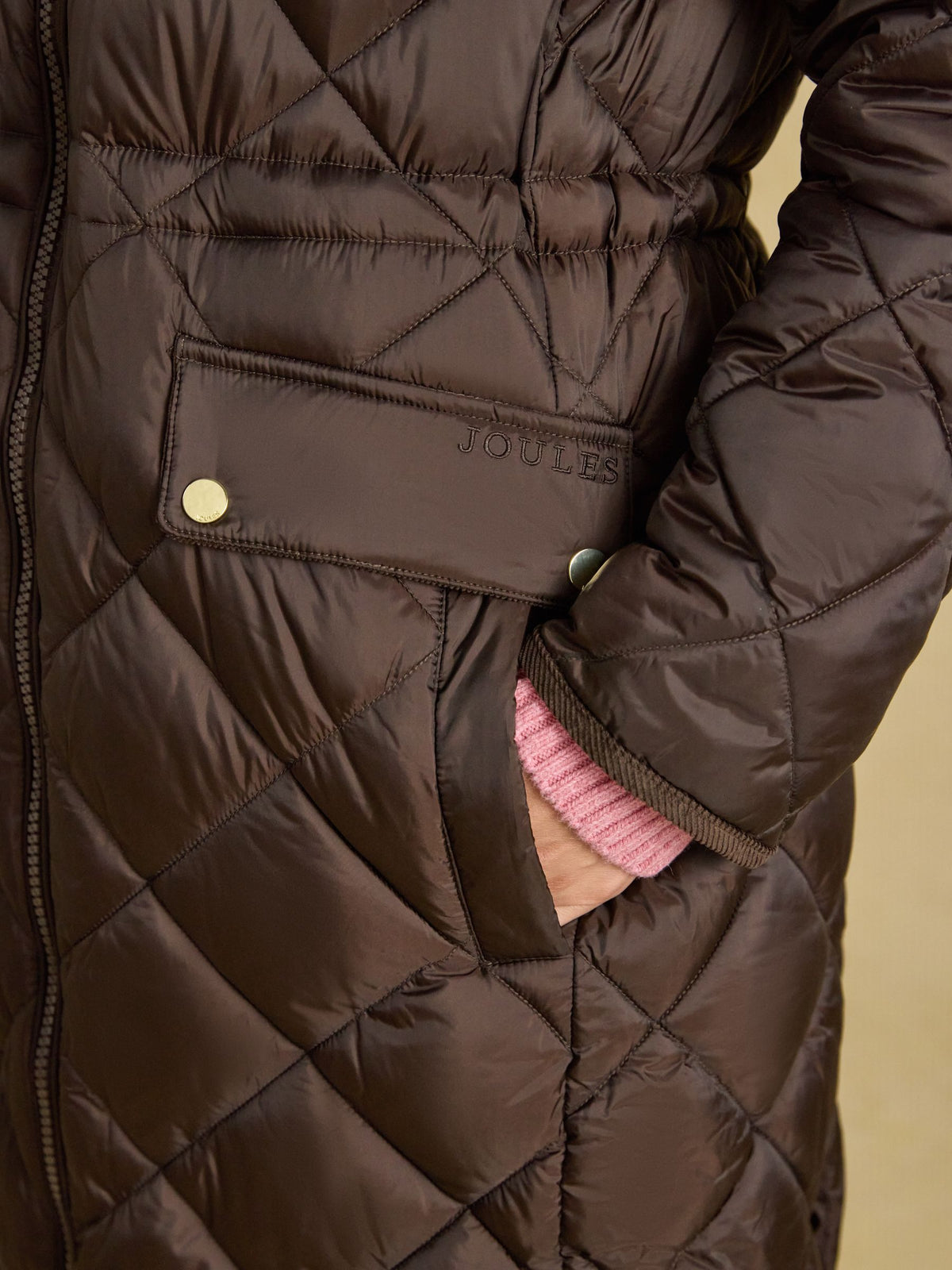 Showerproof Longline Diamond Quilted Coat with Hood - Chocolate Brown