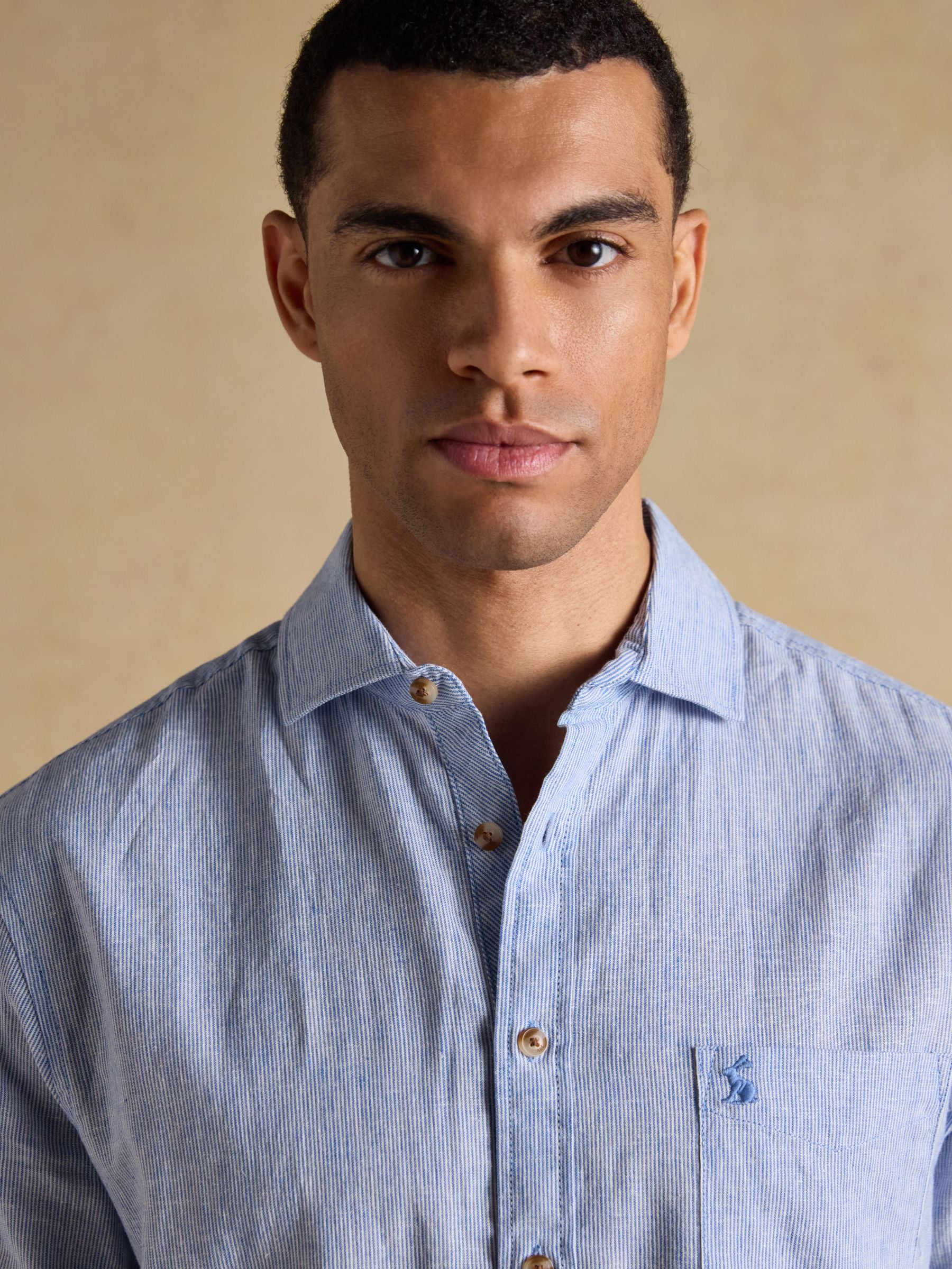 Blue Linen Blend Short Sleeve Shirt