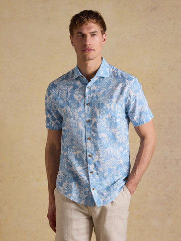 Linen Blend Blue Printed Short Sleeve Shirt