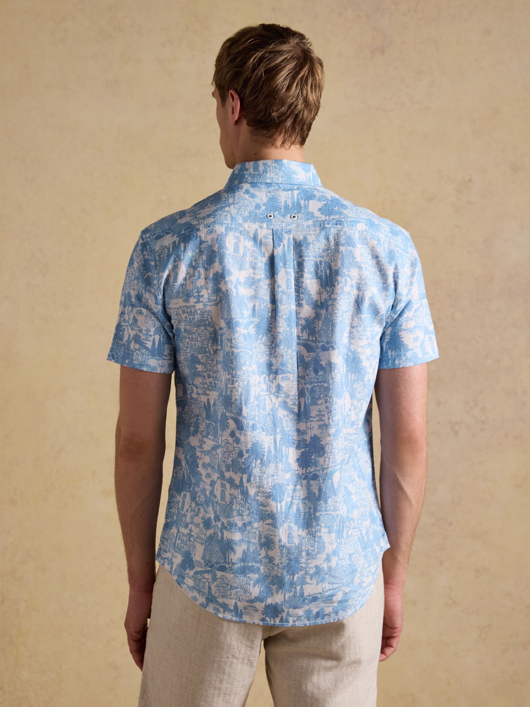 Linen Blend Blue Printed Short Sleeve Shirt