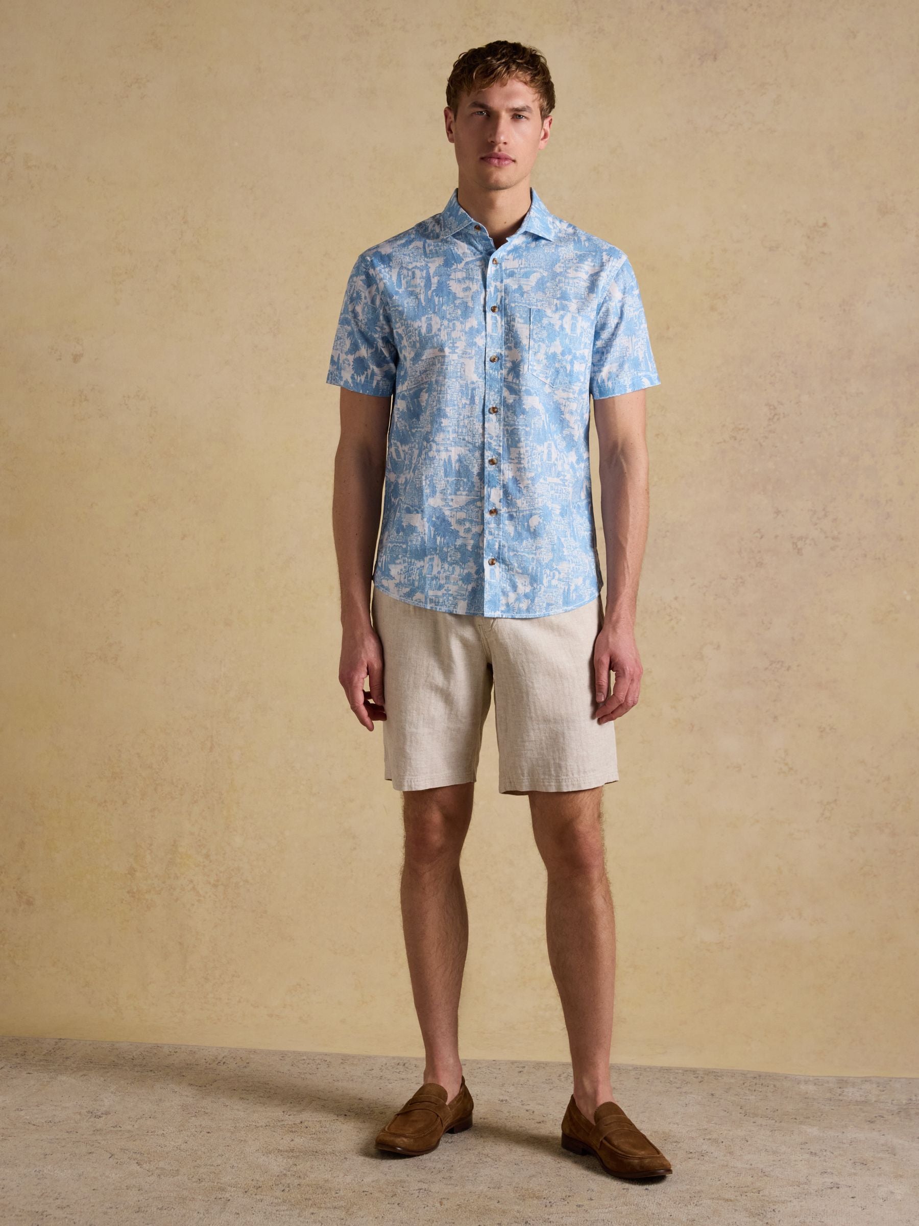 Linen Blend Blue Printed Short Sleeve Shirt