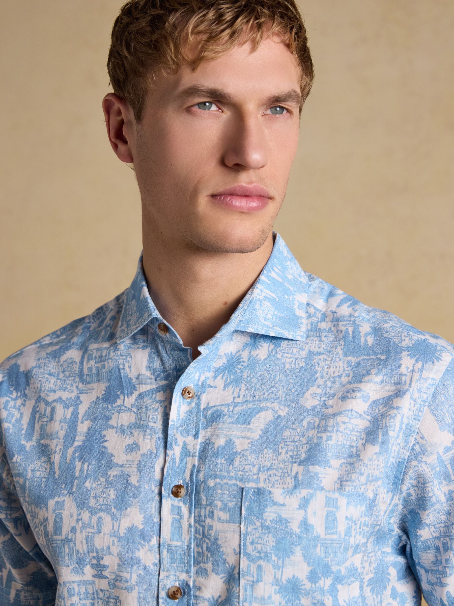 Linen Blend Blue Printed Short Sleeve Shirt