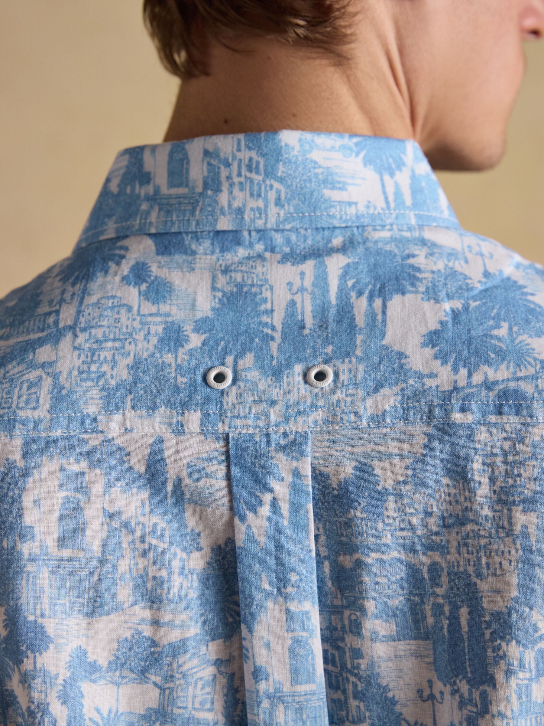 Linen Blend Blue Printed Short Sleeve Shirt