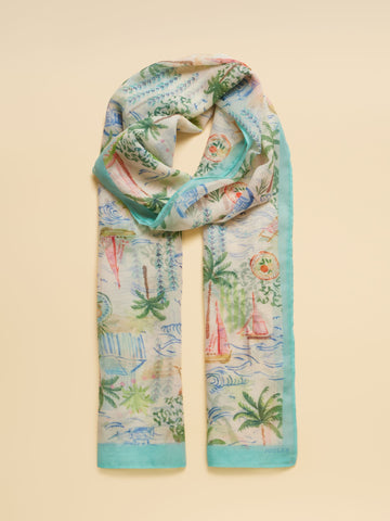 Abberton White Coastal Scene Printed Scarf