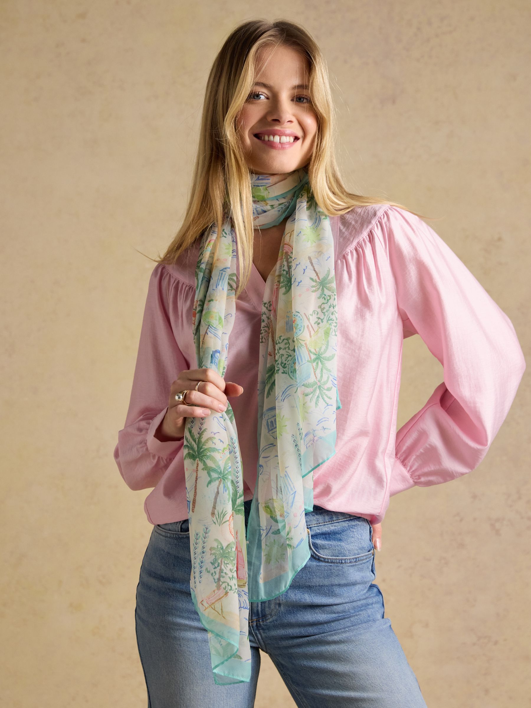 Abberton White Coastal Scene Printed Scarf