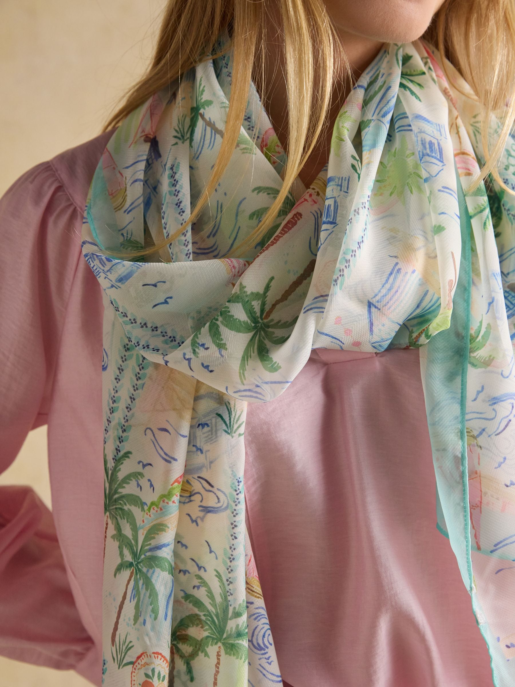 Abberton White Coastal Scene Printed Scarf