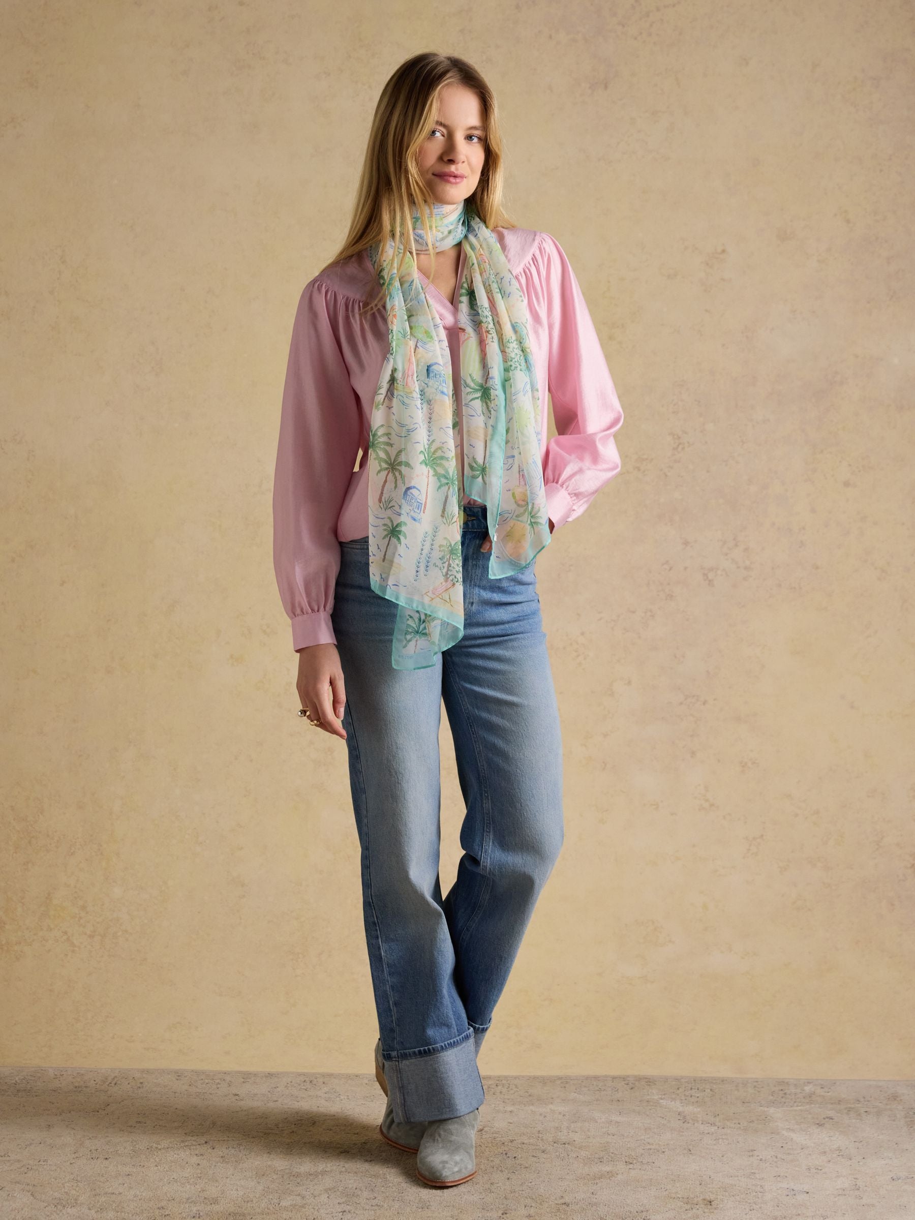 Abberton White Coastal Scene Printed Scarf