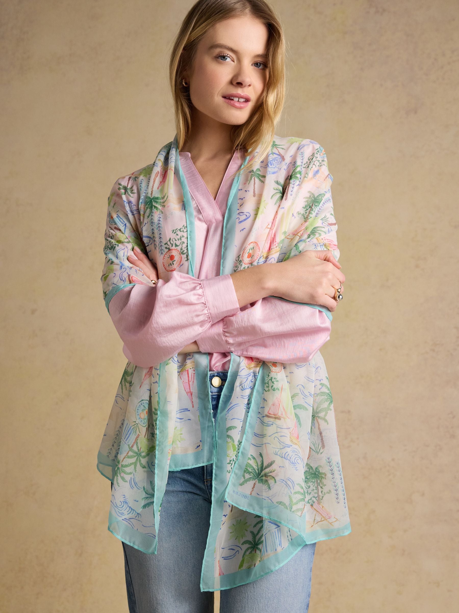 Abberton White Coastal Scene Printed Scarf
