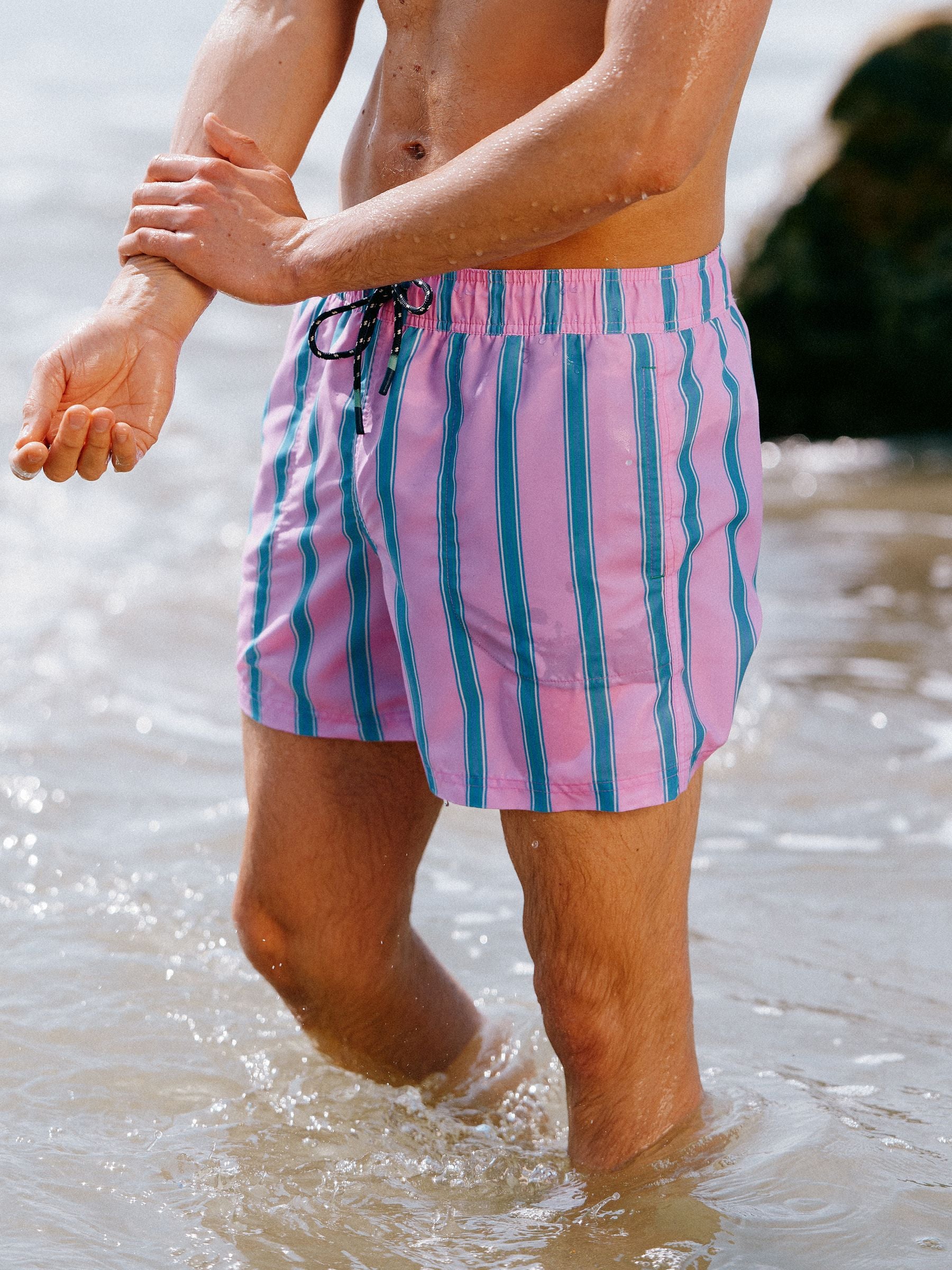 Overton Pink Striped Rugby Style Swim Shorts