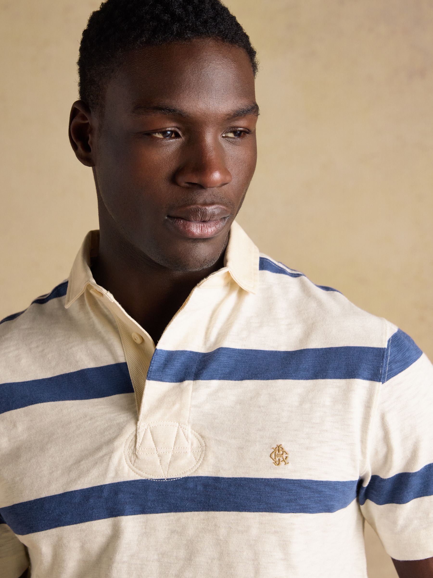 Summer Slub Cream & Navy Striped Short Sleeve Rugby Shirt