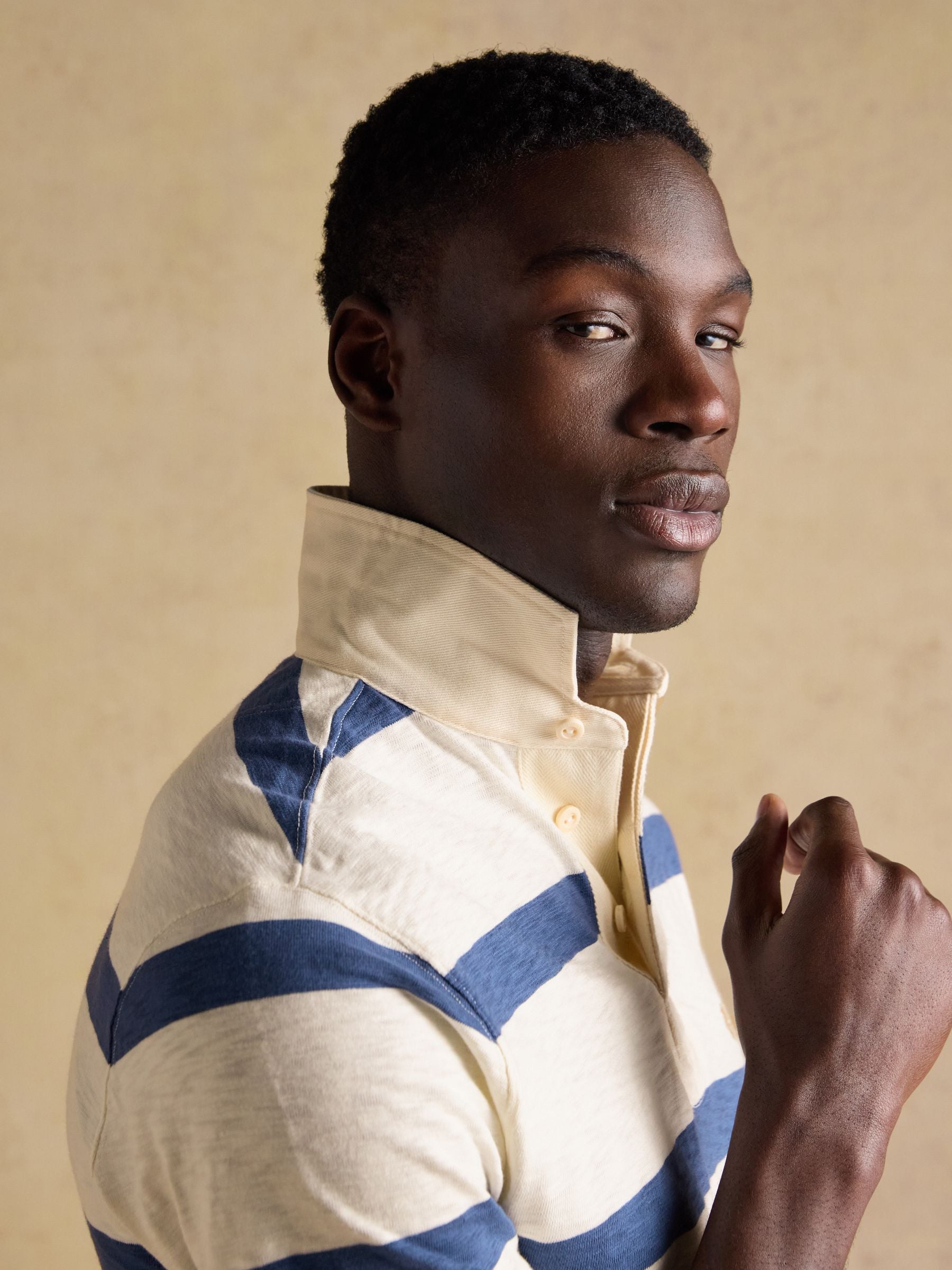Summer Slub Cream & Navy Striped Short Sleeve Rugby Shirt