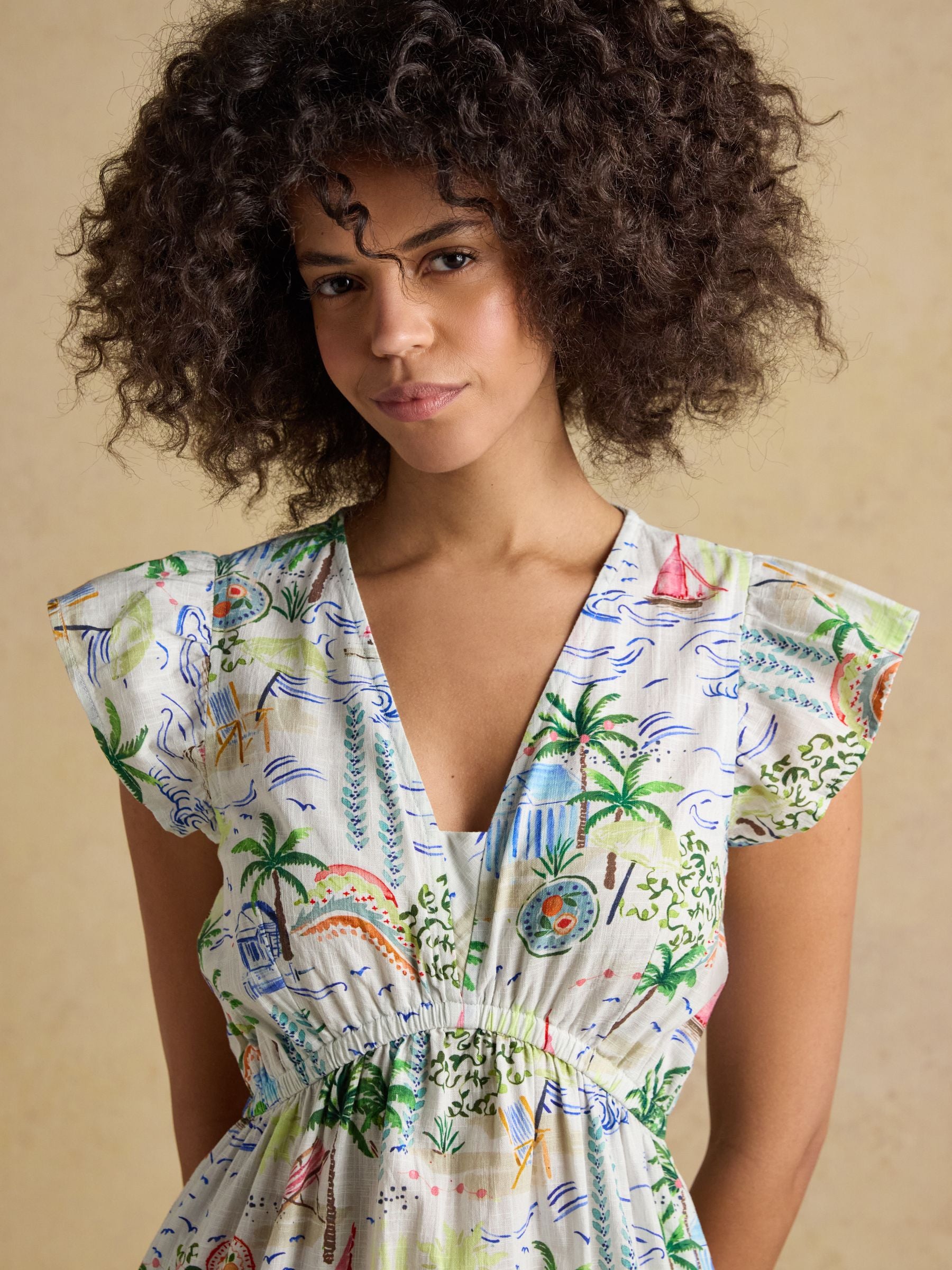 Winnie White Coastal Scene Frill Shoulder Maxi Dress