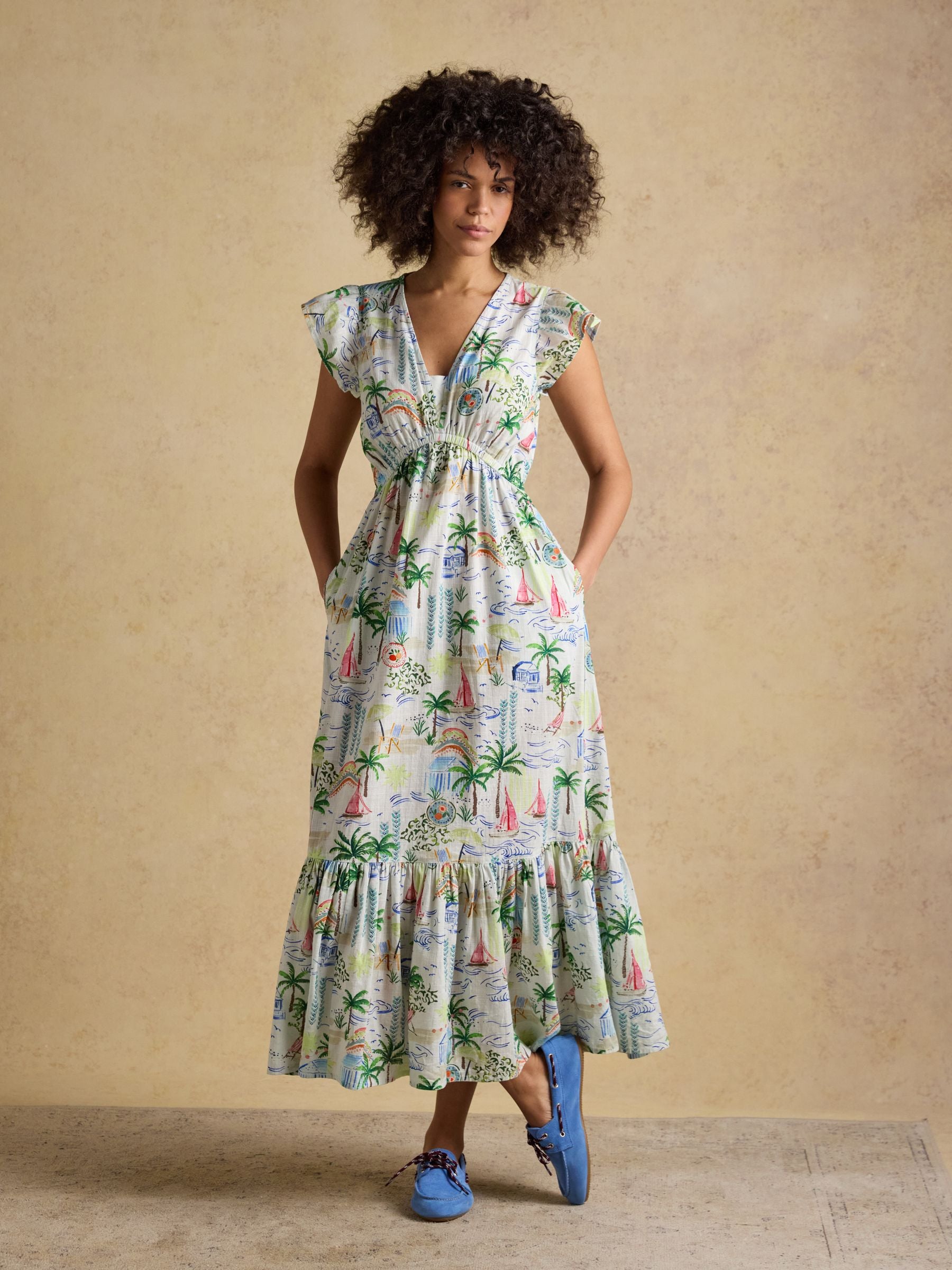 Winnie White Coastal Scene Frill Shoulder Maxi Dress