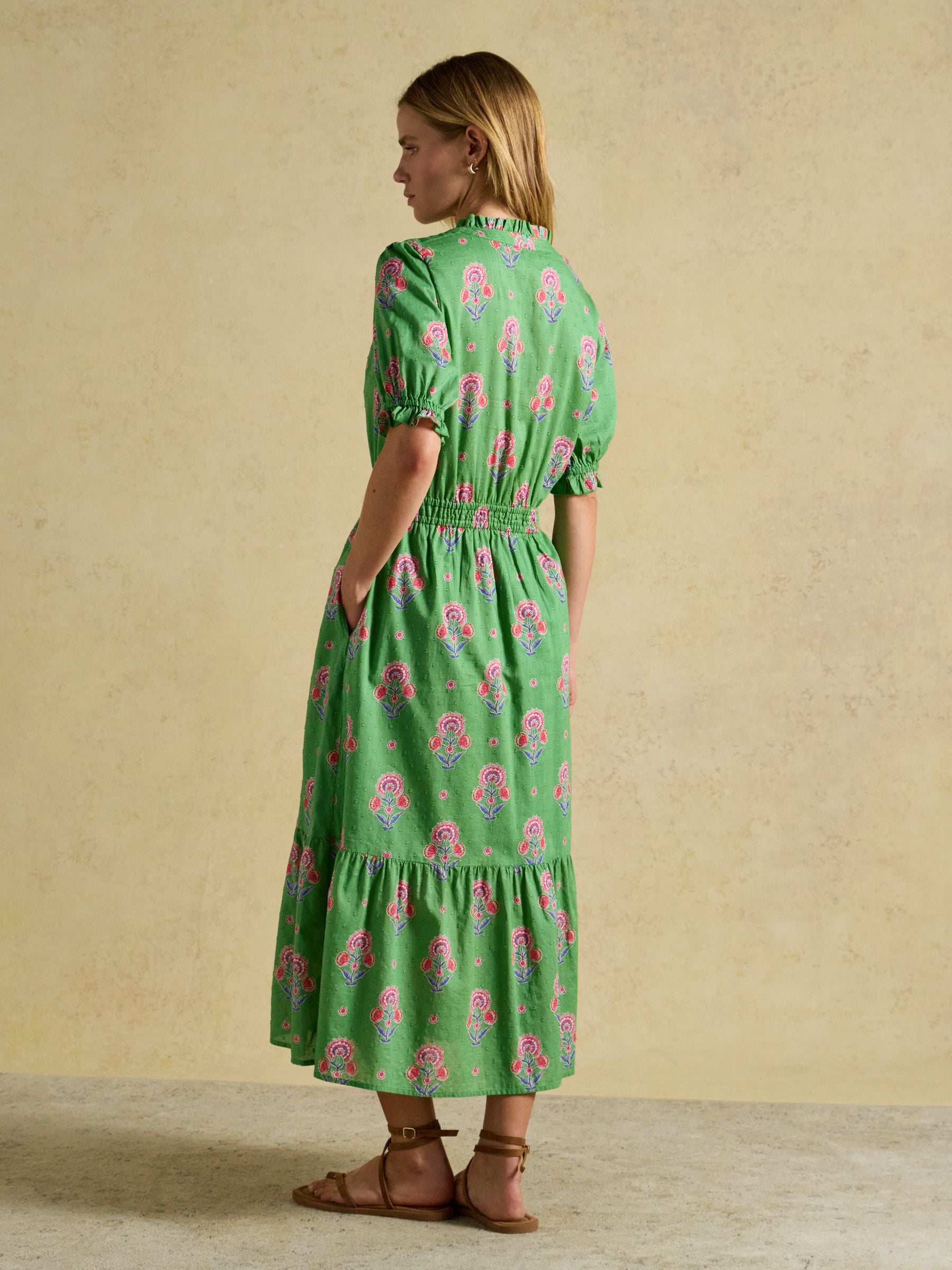 Larissa Green & Pink Foulard Print Tie Neck Midi Dress