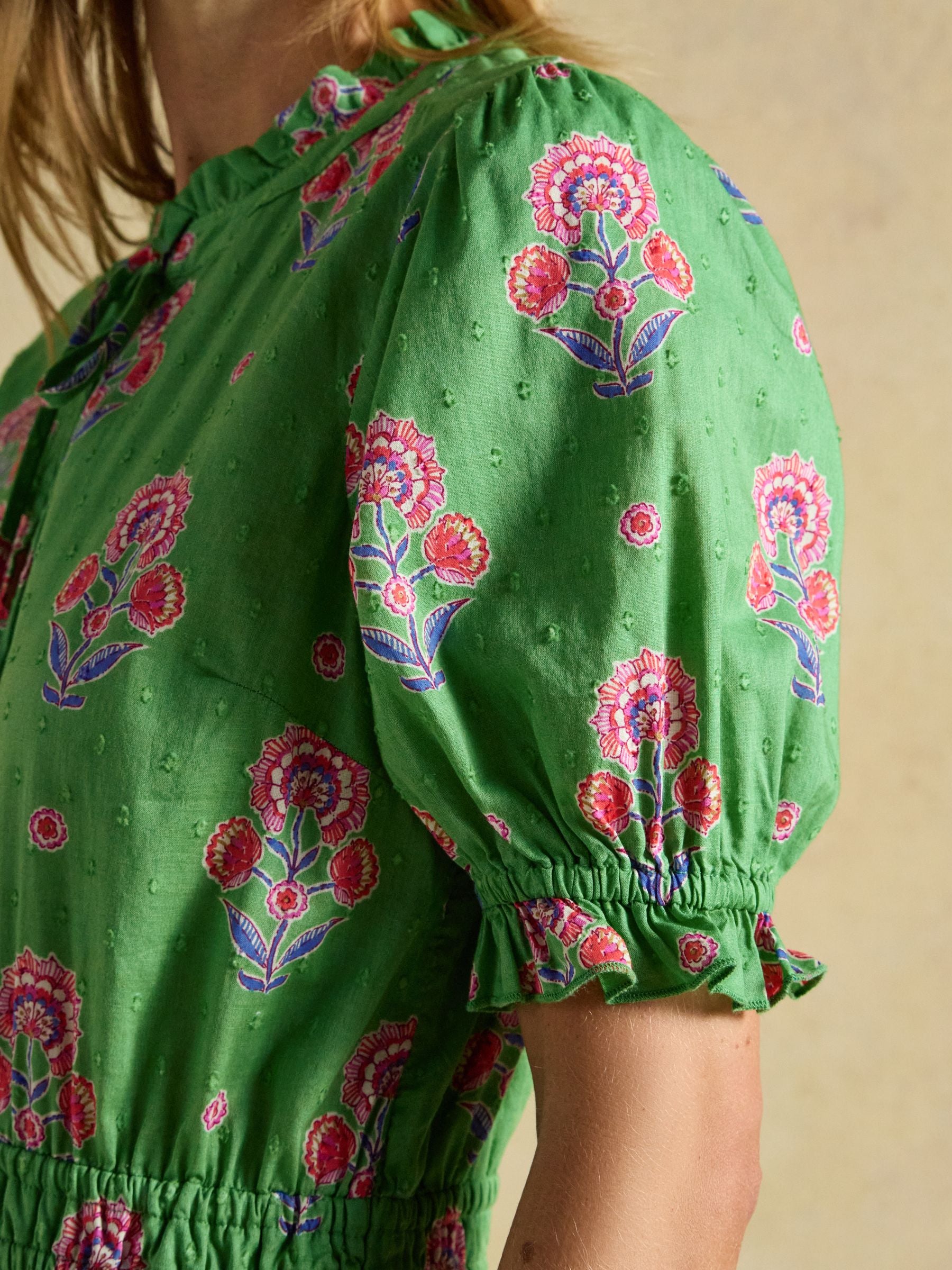 Larissa Green & Pink Foulard Print Tie Neck Midi Dress
