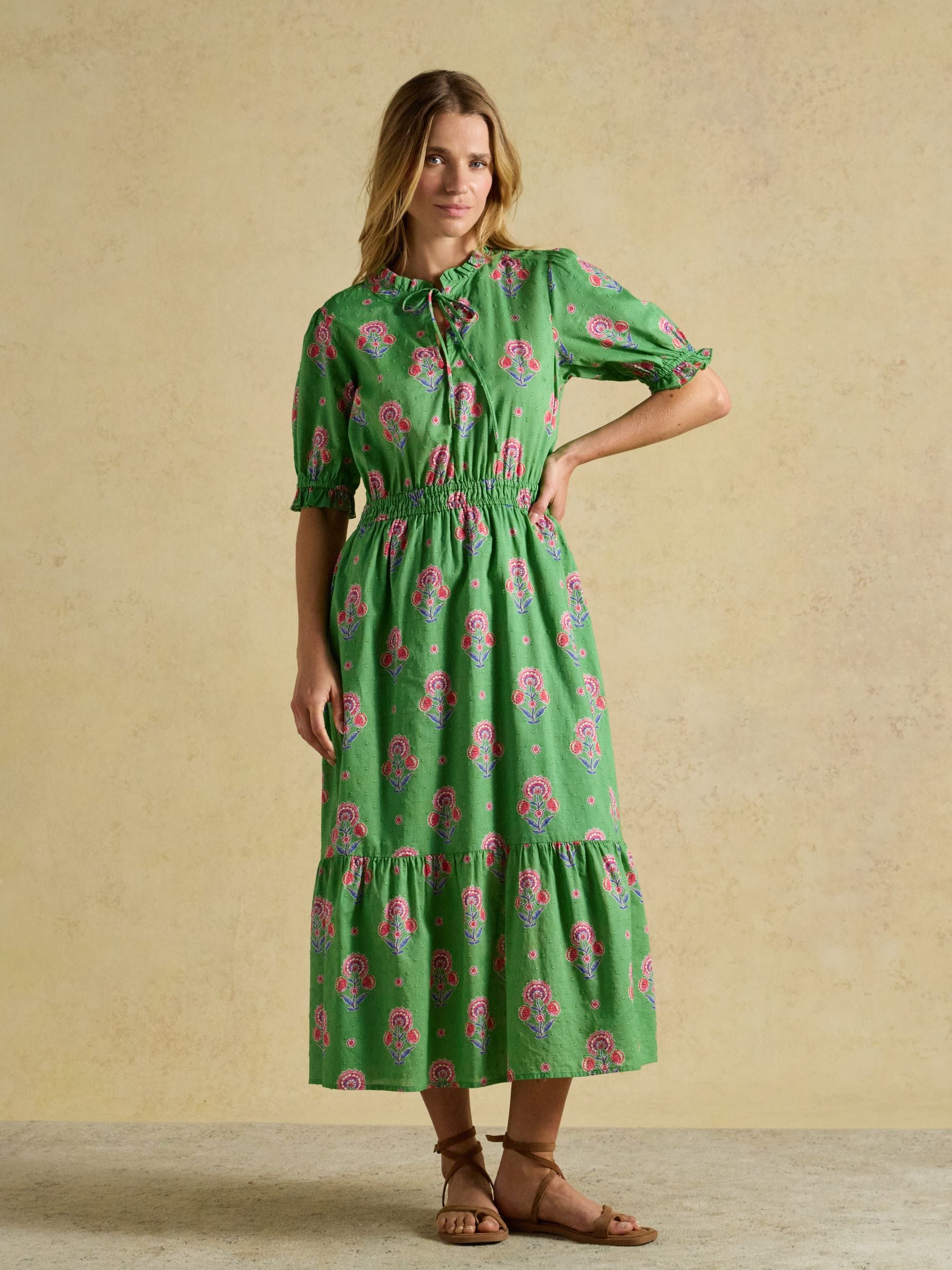 Larissa Green & Pink Foulard Print Tie Neck Midi Dress