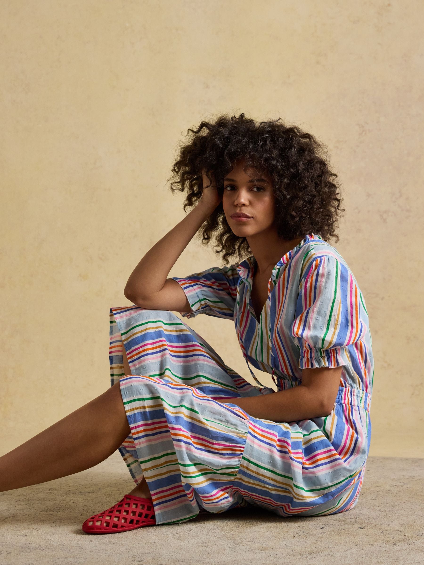 Larissa Multi Striped Tie Neck Midi Dress