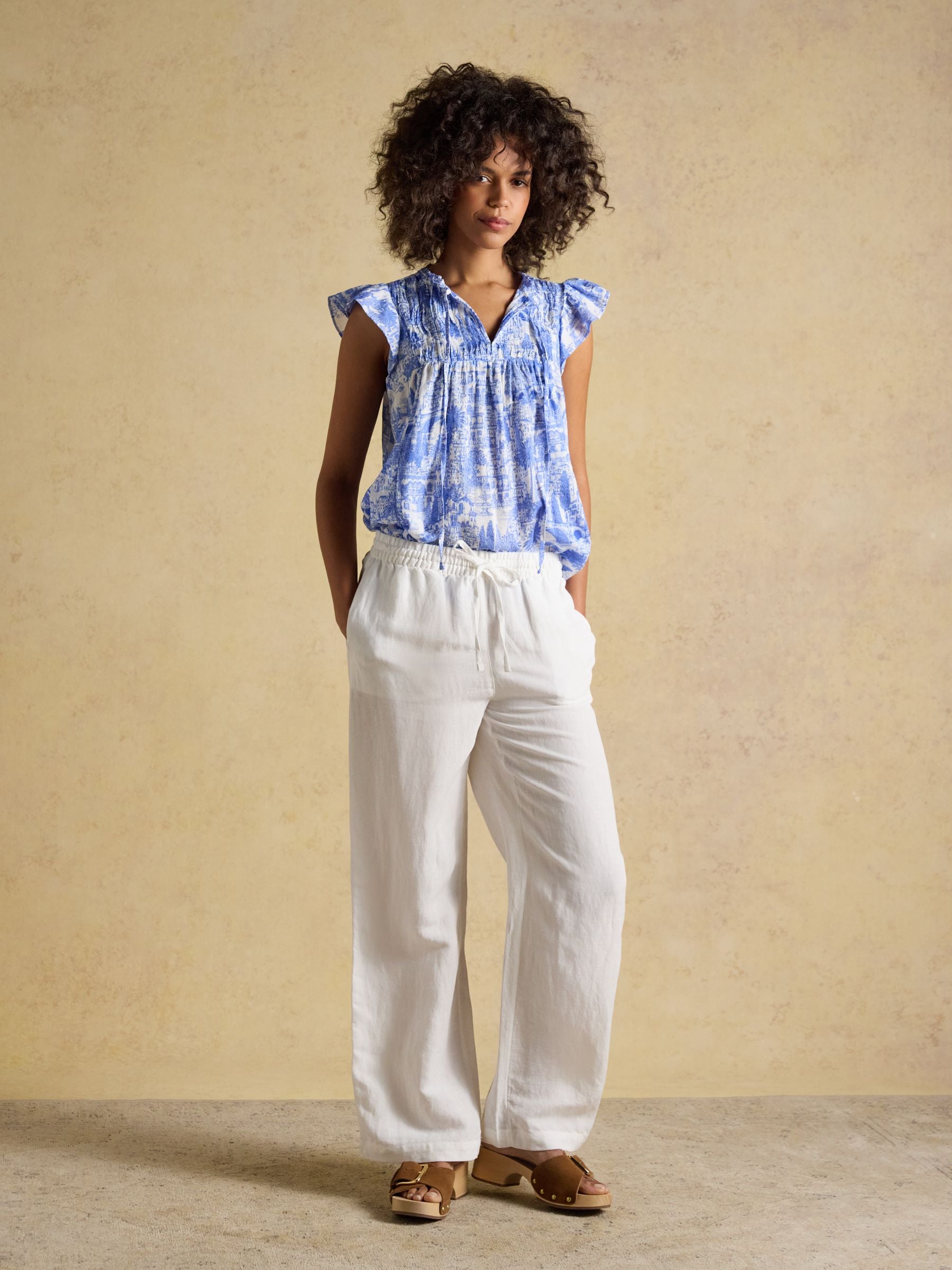 Nolan Blue Toile Sleeveless Tie Neck Blouse