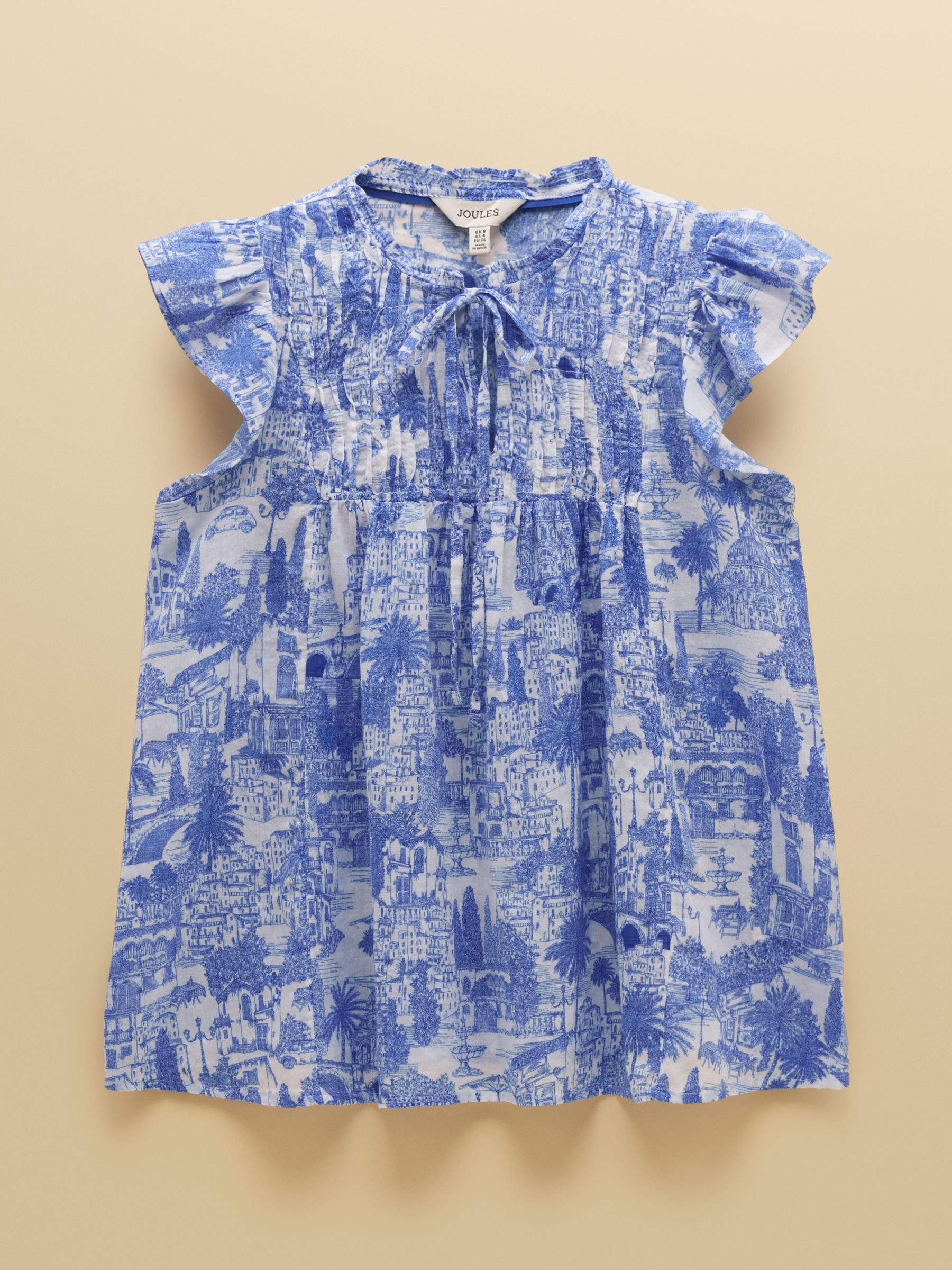 Nolan Blue Toile Sleeveless Tie Neck Blouse