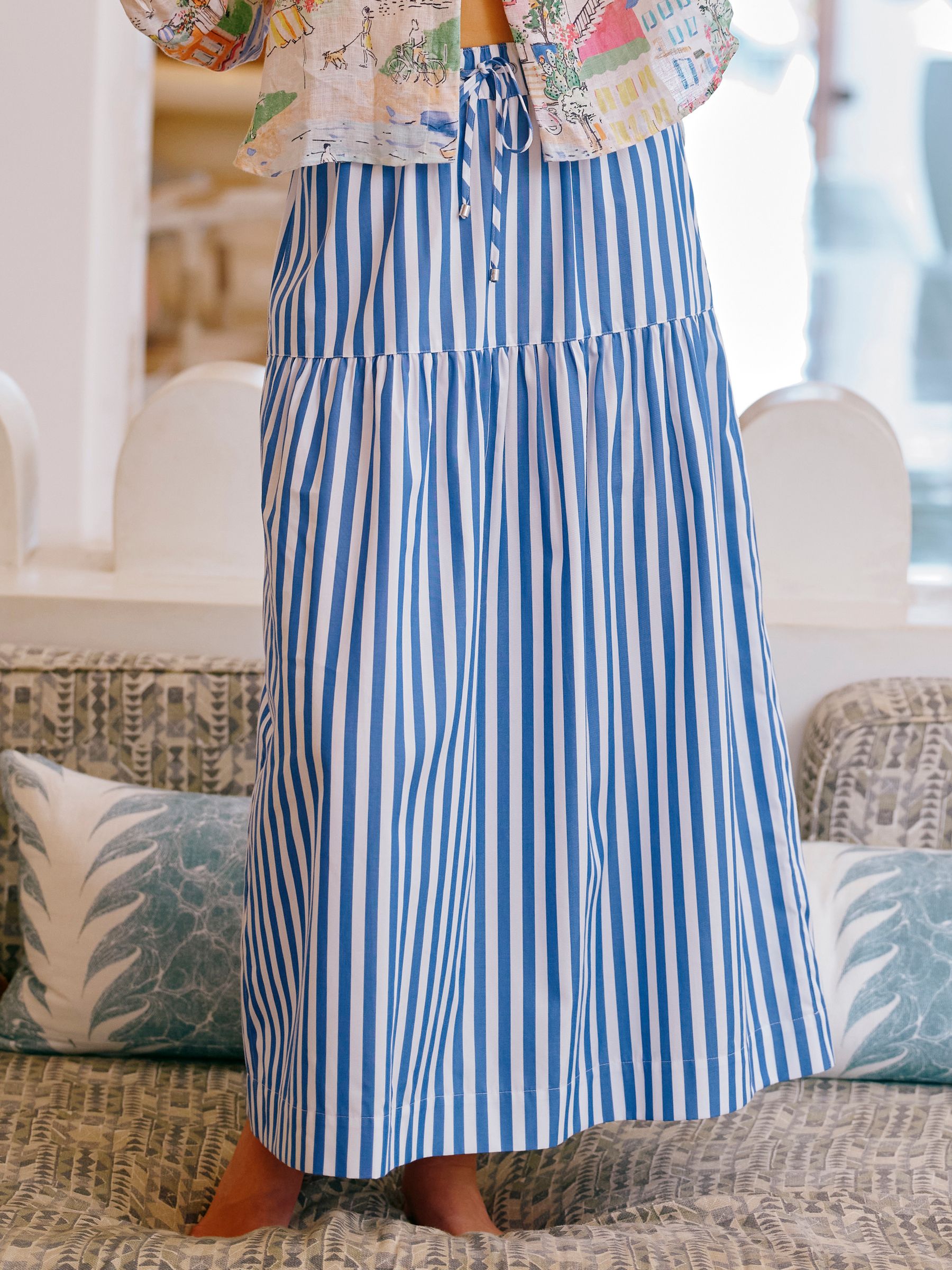 Blue & White Striped Elasticated Waist Woven Midi Skirt