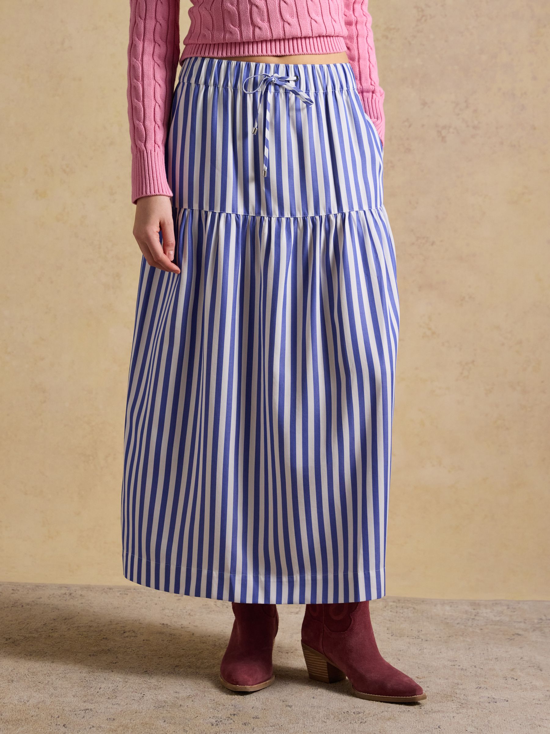 Blue & White Striped Elasticated Waist Woven Midi Skirt