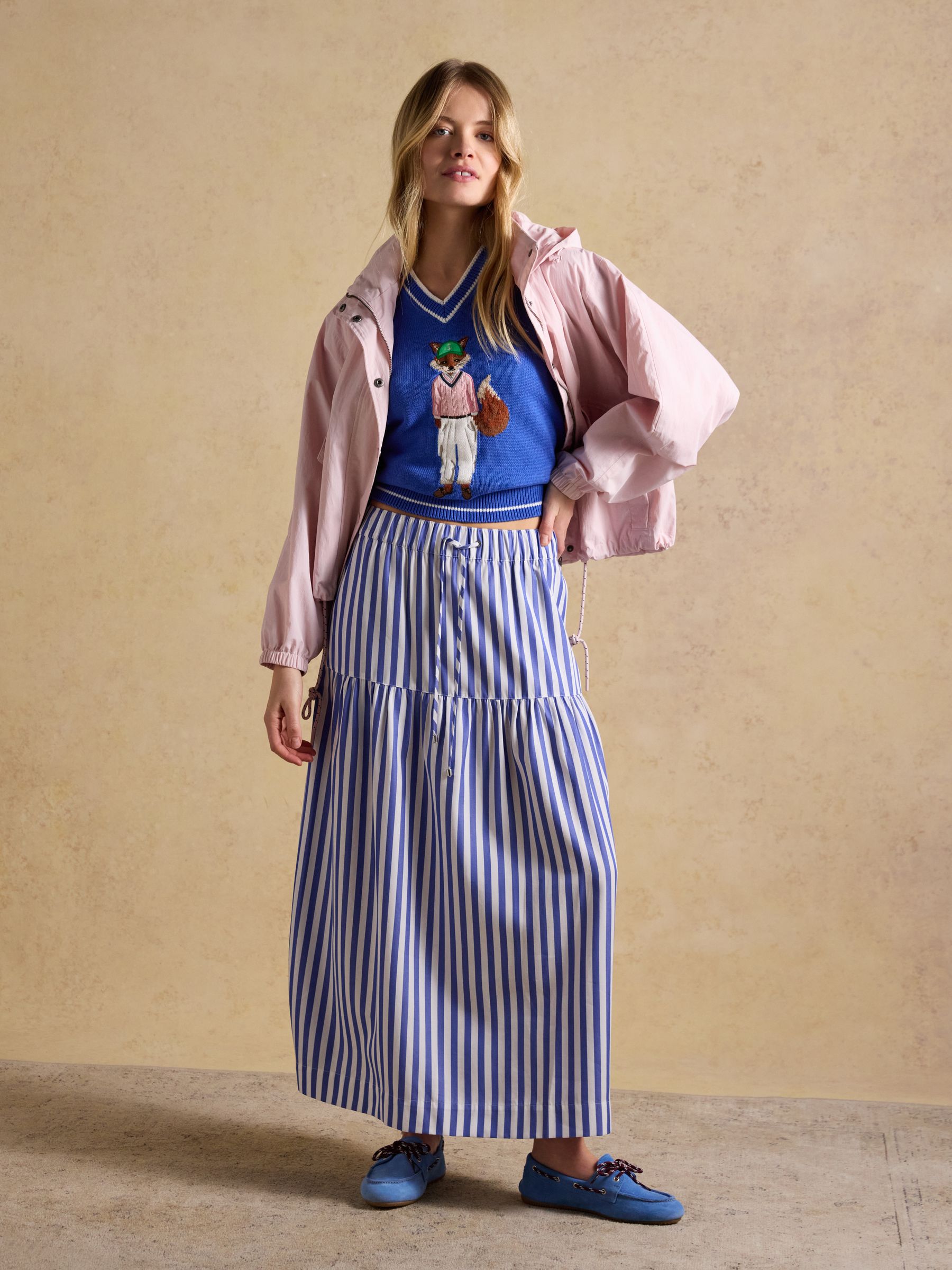 Blue & White Striped Elasticated Waist Woven Midi Skirt