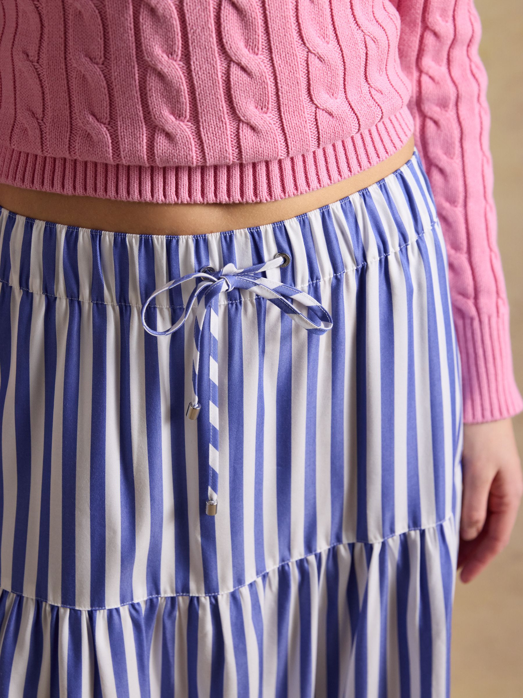 Blue & White Striped Elasticated Waist Woven Midi Skirt