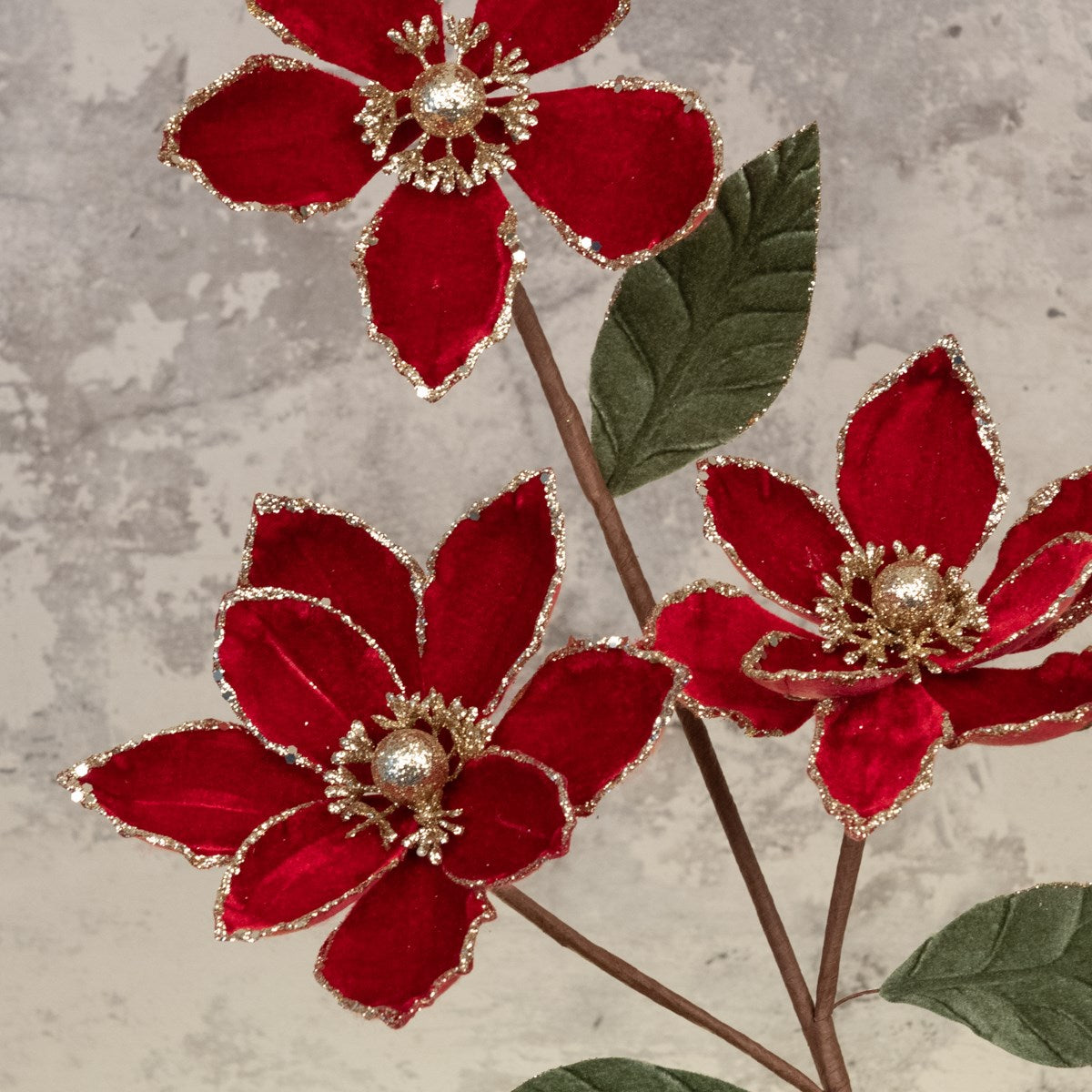 Glitter Velvet Magnolia Spray - Dark Red/Gold