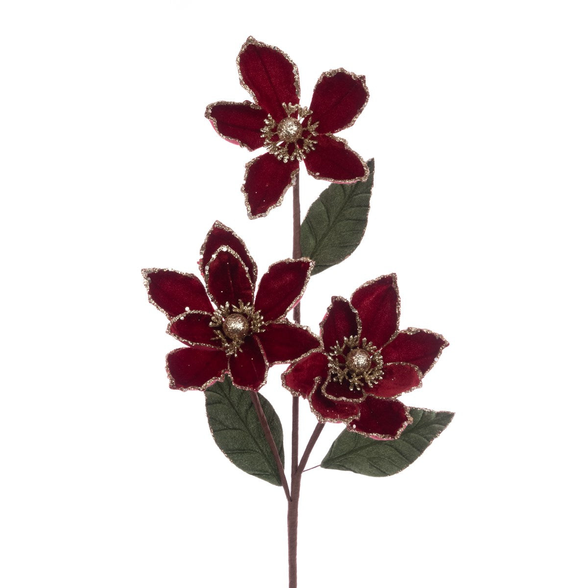 Glitter Velvet Magnolia Spray - Dark Red/Gold