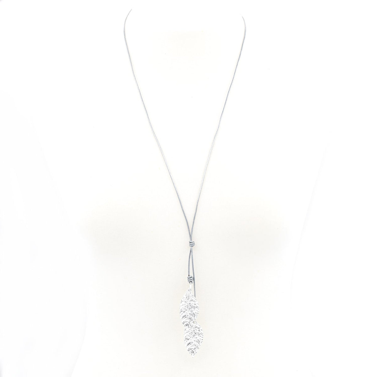 Long lariat-style leaf impression leather necklace