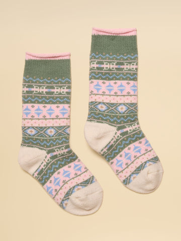 Cosy Fair Isle Socks - Khaki & Pink Fairisle