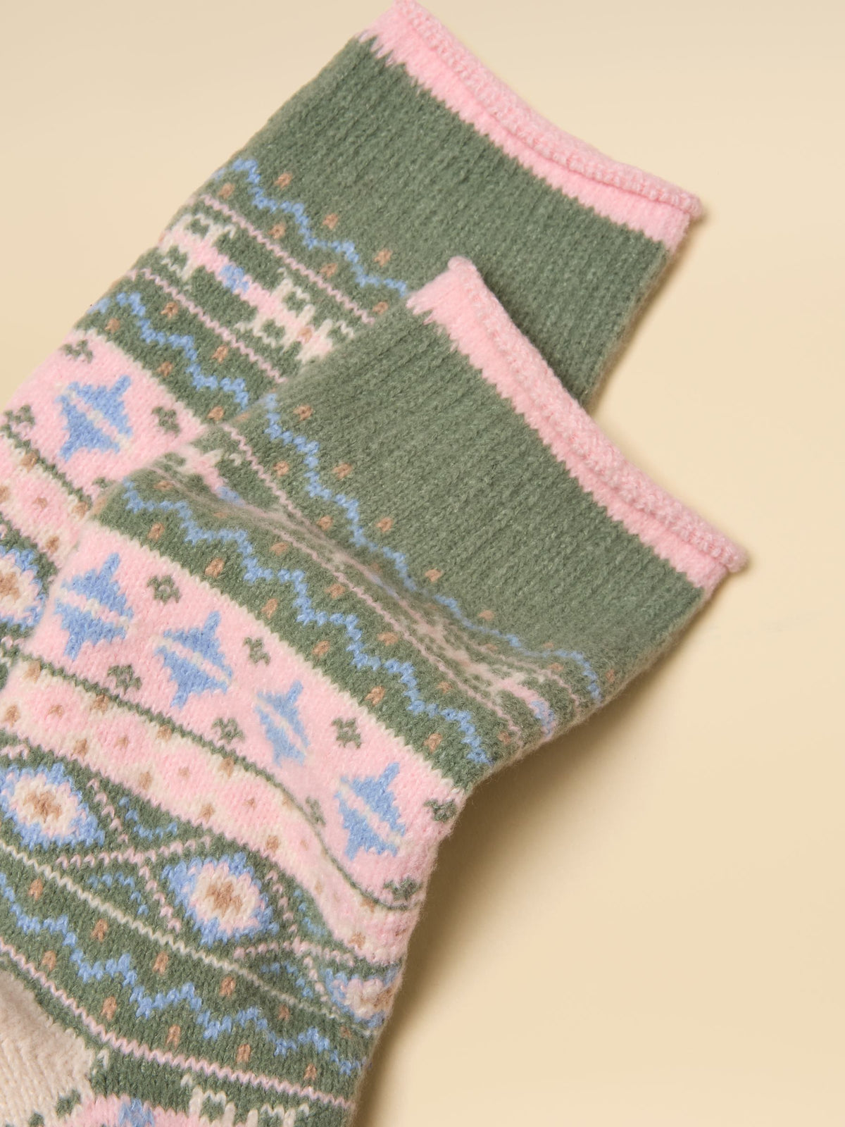 Cosy Fair Isle Socks - Khaki & Pink Fairisle