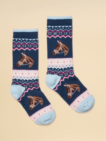 Kids' Cosy Navy & Pink Horse Socks