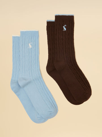 Women's Cable Knit Chocolate & Blue Socks 2 Pack (Size 4–8)