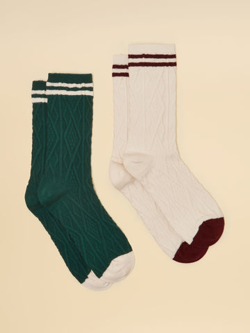 Cable Knit Cream & Green Tennis Socks 2-Pack