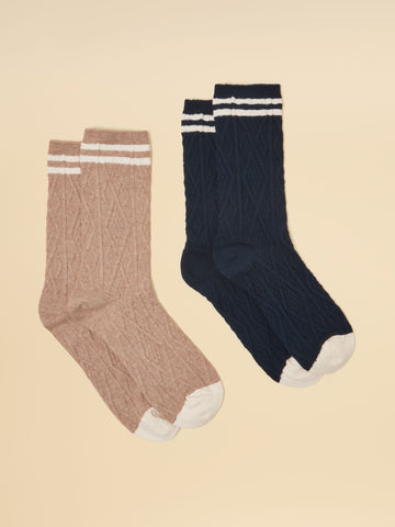 Cable Knit Oat & Navy Tennis Socks 2-Pack