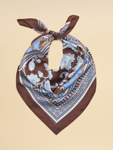 Bloomfield Blue Brown Floral Silk Square Scarf
