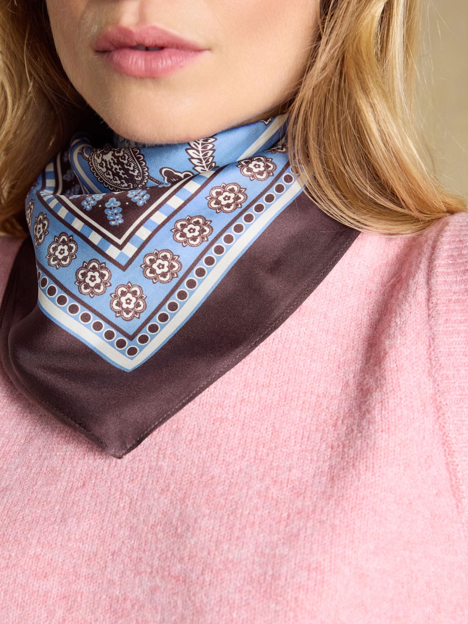 Bloomfield Blue Brown Floral Silk Square Scarf