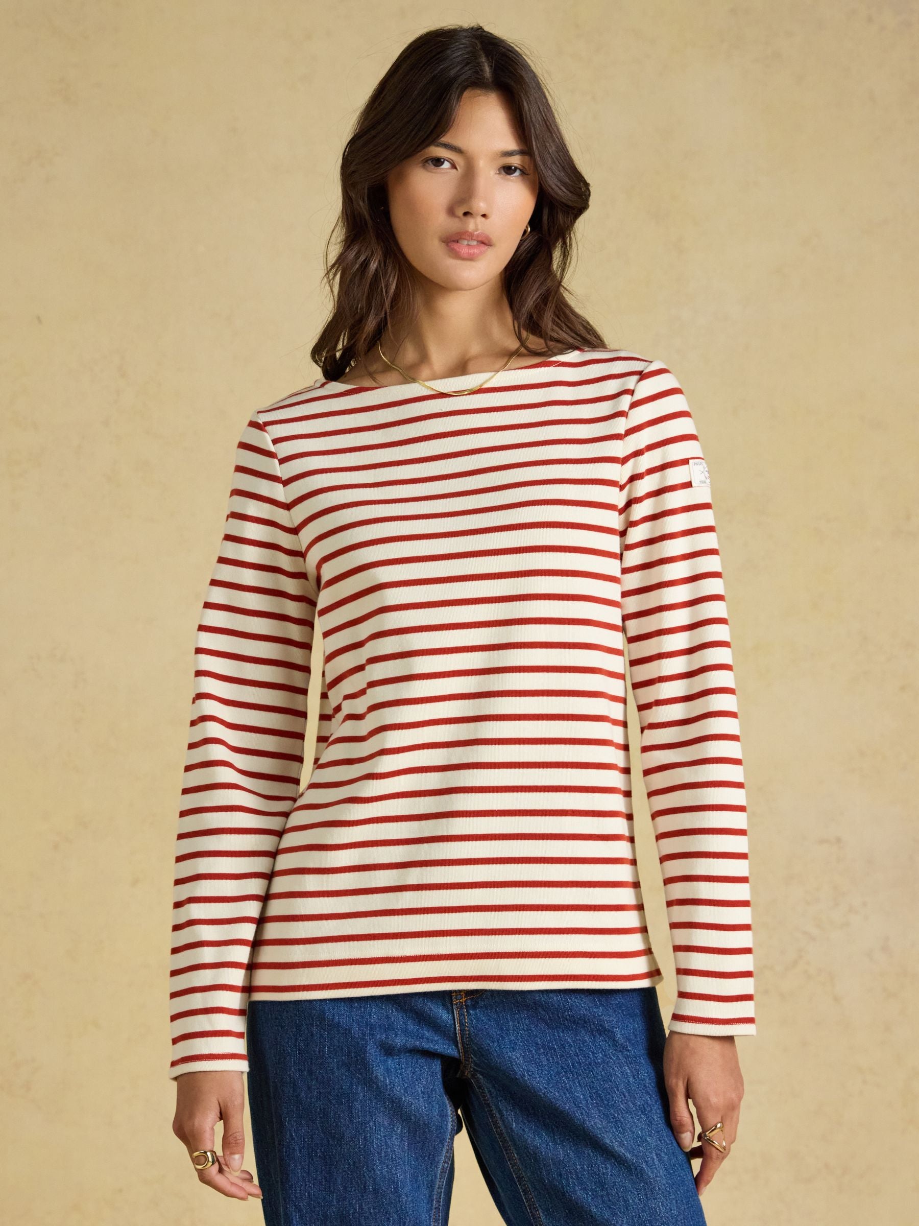 Harbour Cream & Burnt Orange Long Sleeve Striped Boat Neck Breton Top