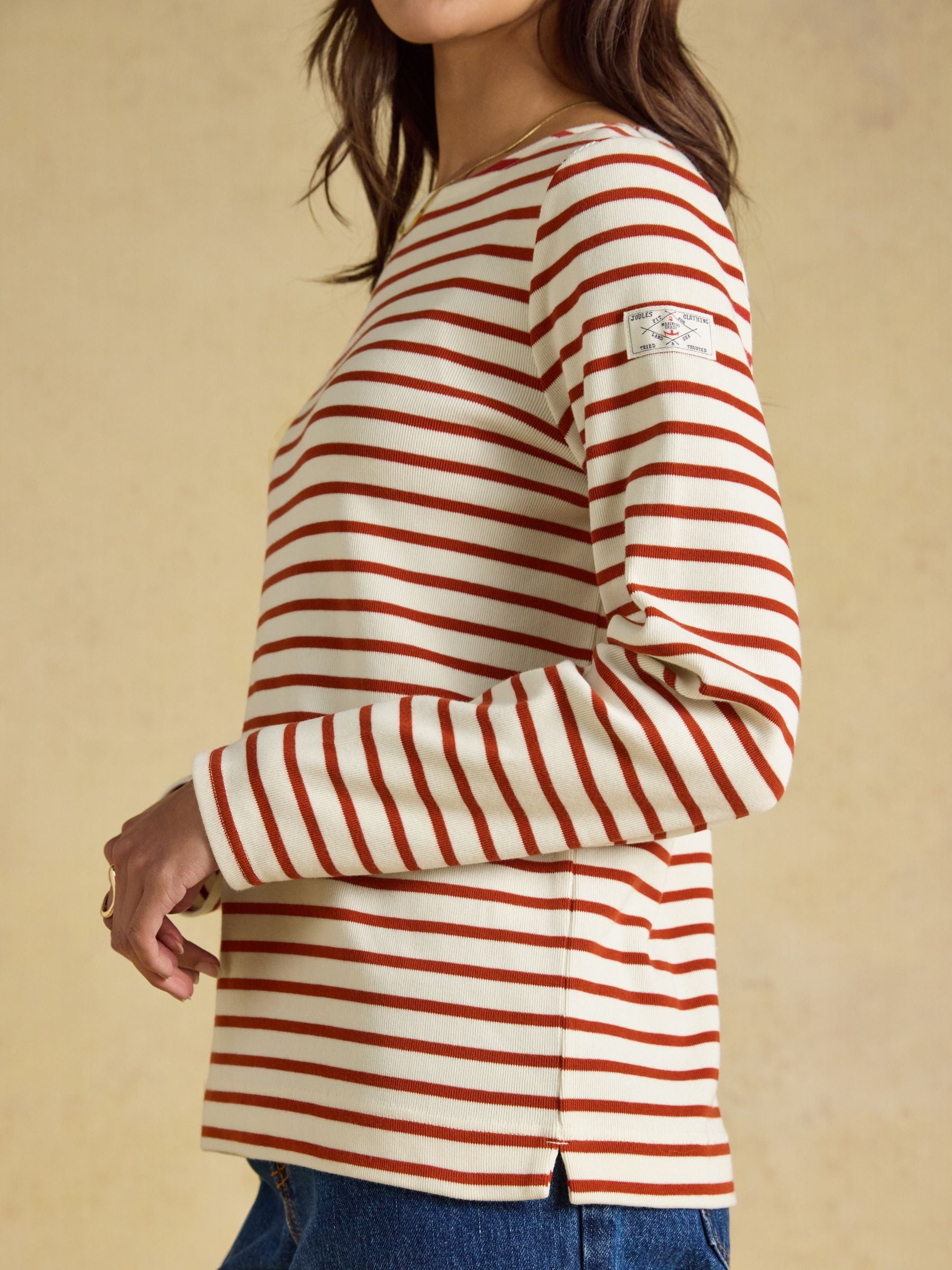 Harbour Cream & Burnt Orange Long Sleeve Striped Boat Neck Breton Top