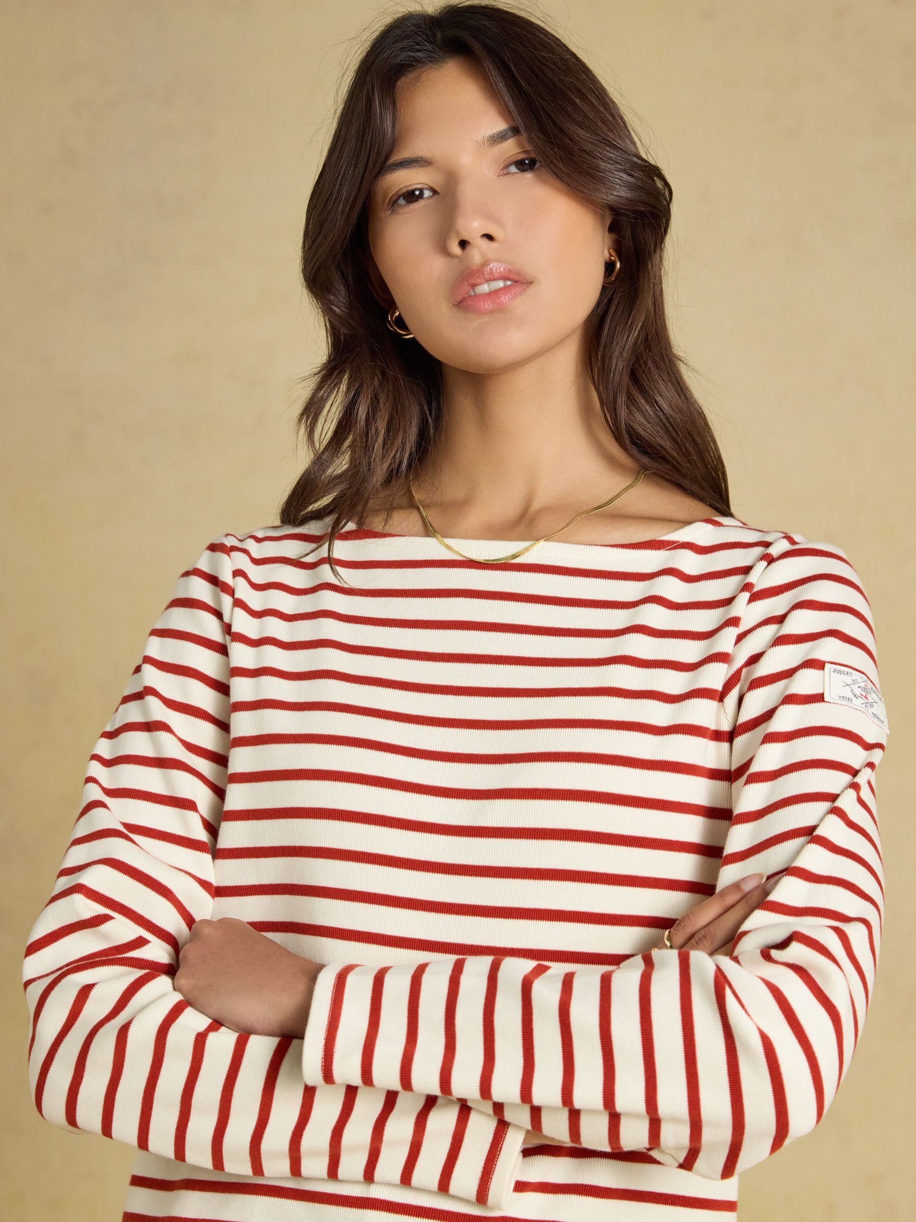 Harbour Cream & Burnt Orange Long Sleeve Striped Boat Neck Breton Top