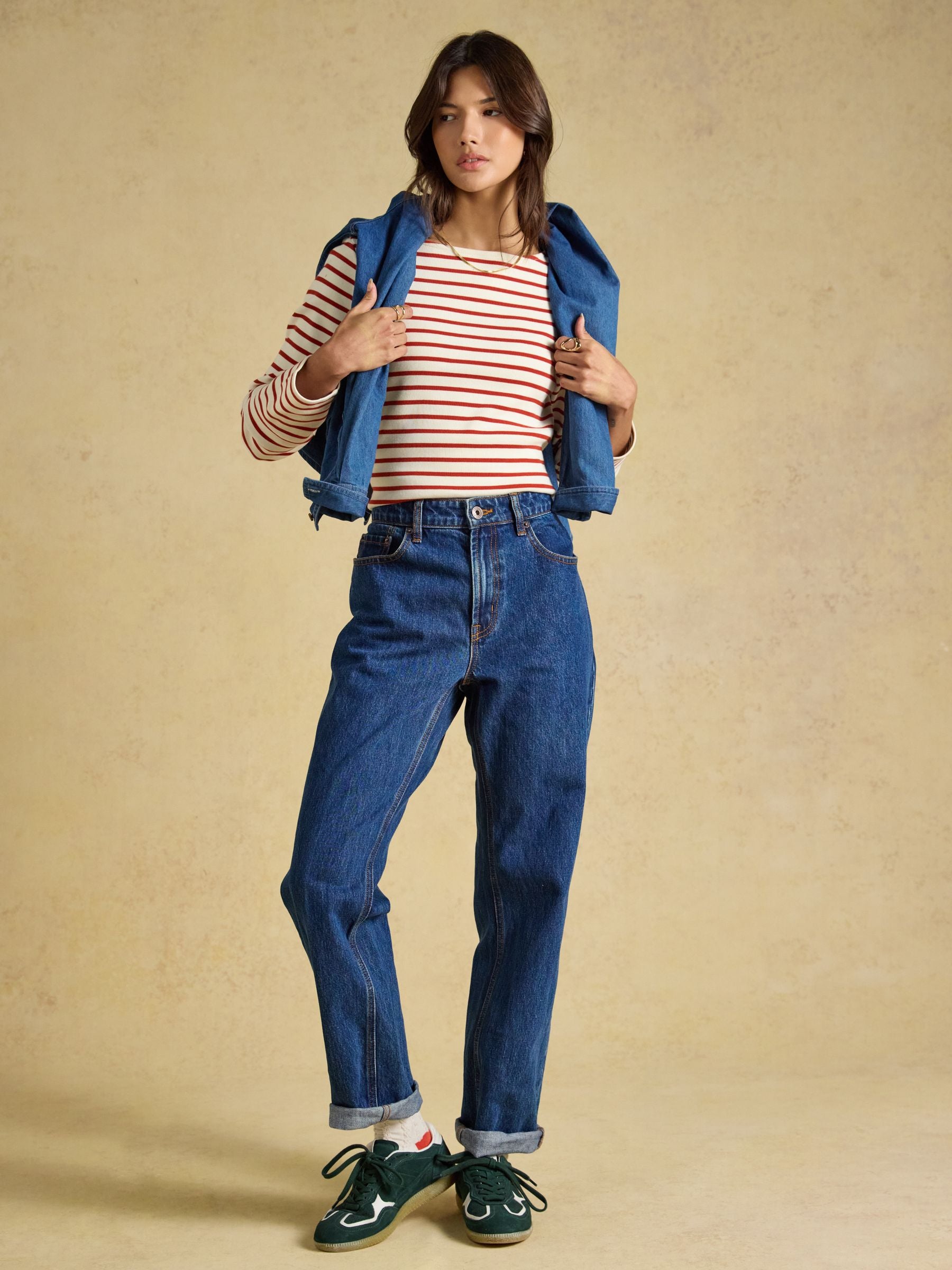 Harbour Cream & Burnt Orange Long Sleeve Striped Boat Neck Breton Top