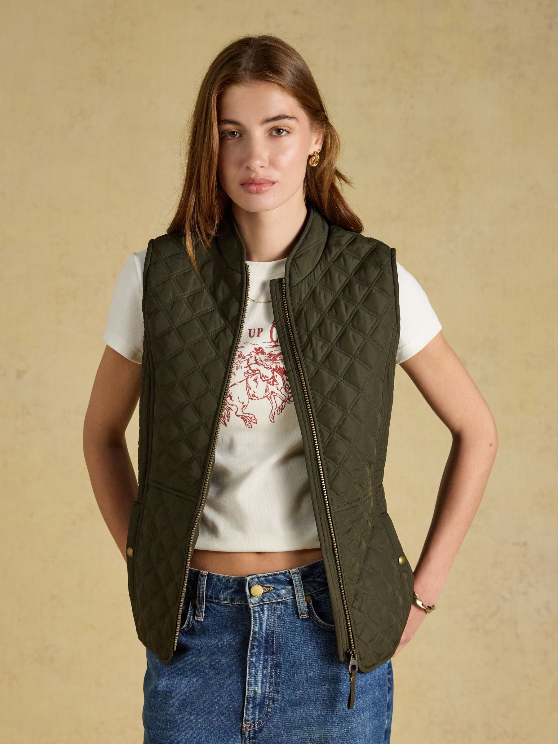 Minx Khaki Green Showerproof Diamond Quilted Gilet