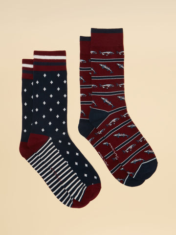 Men's Kingsbury Burgundy Fish Socks 2 Pack (Size 7–12)