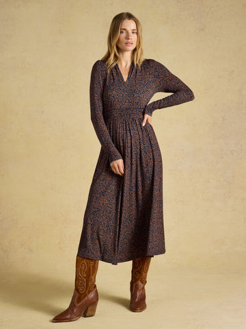 Mina Navy Floral Jersey V Neck Ruched Waist Midi Dress
