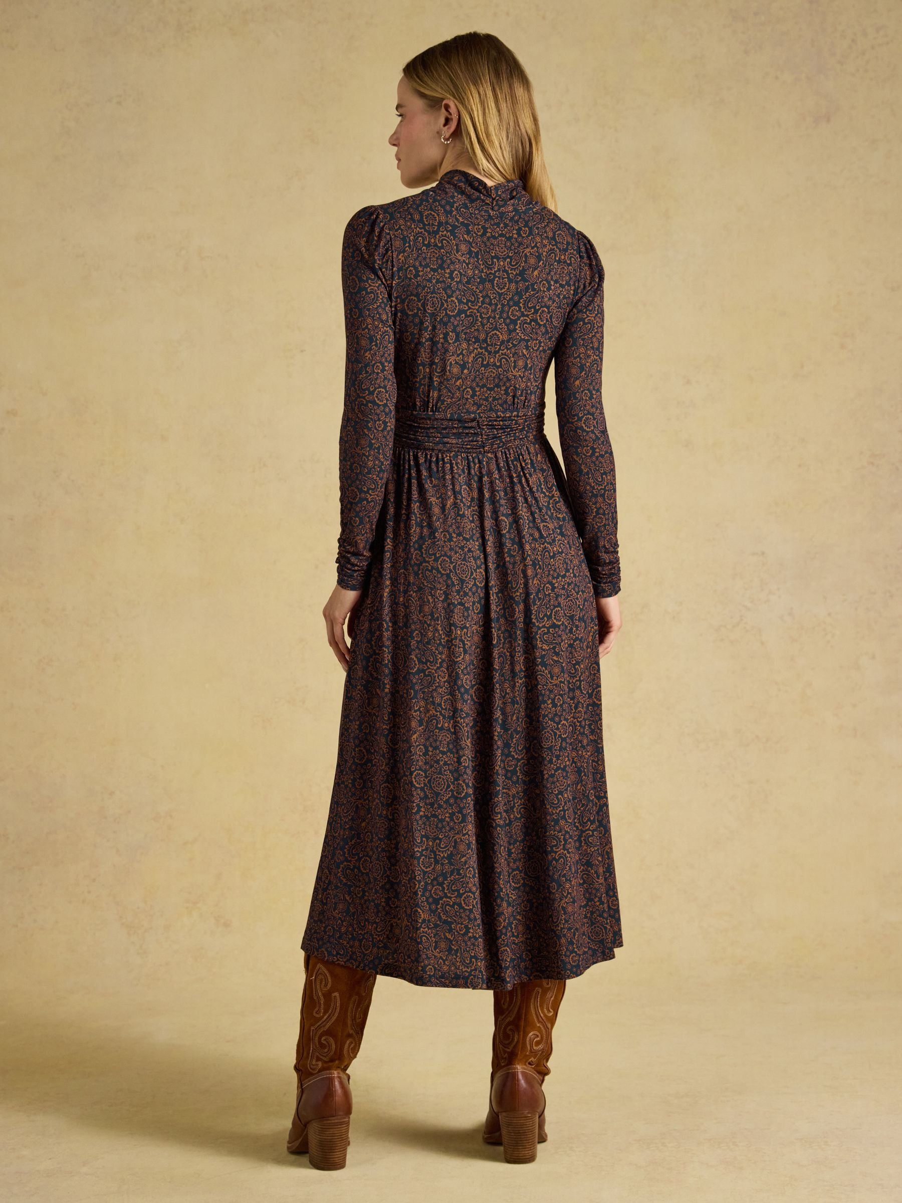 Mina Navy Floral Jersey V Neck Ruched Waist Midi Dress