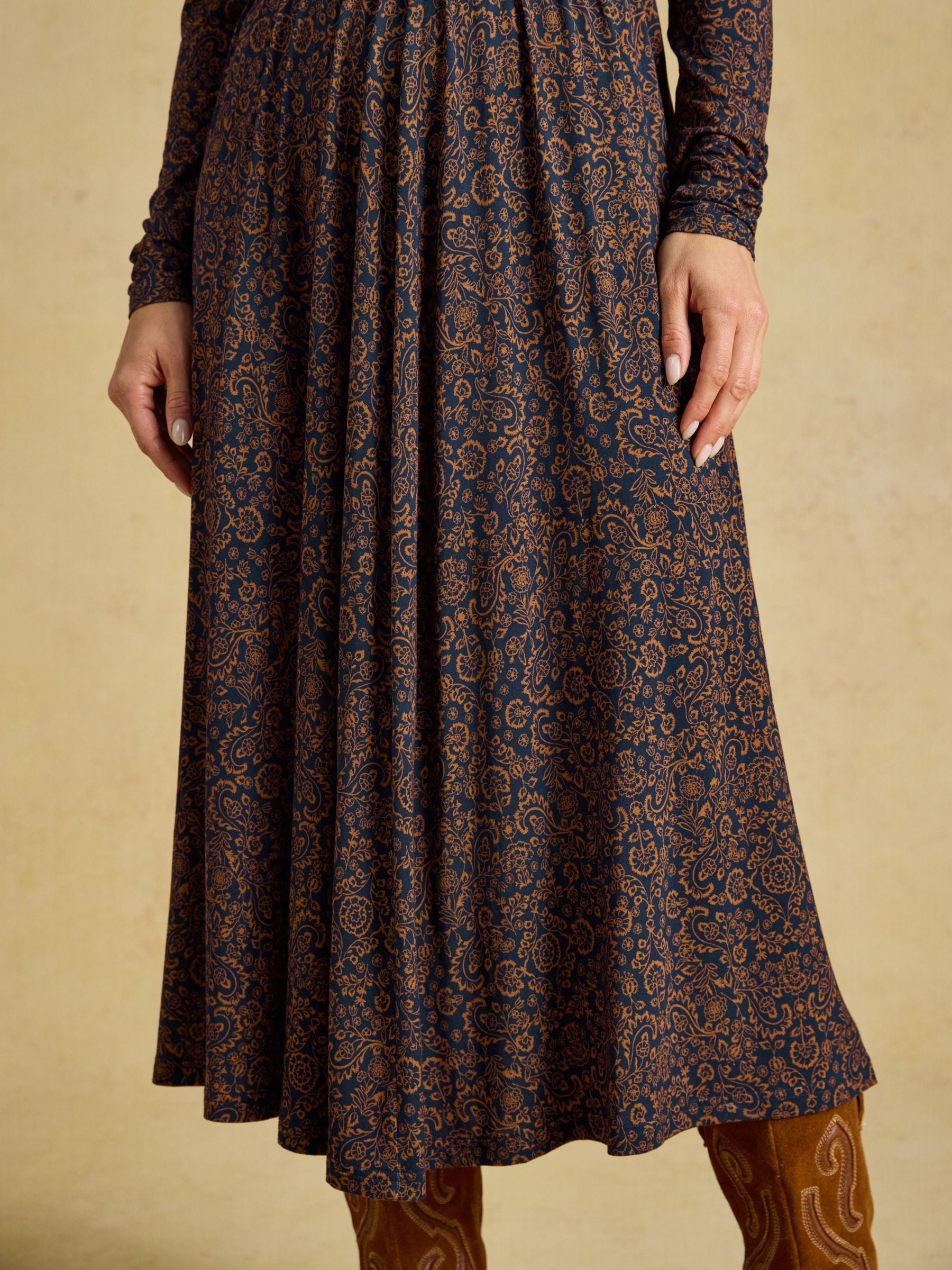 Mina Navy Floral Jersey V Neck Ruched Waist Midi Dress