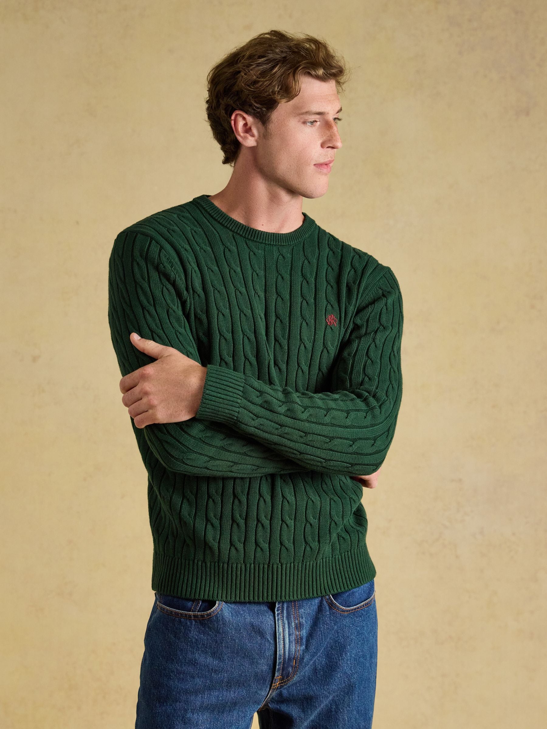 Green Crew Neck Cotton Cable Knit Jumper