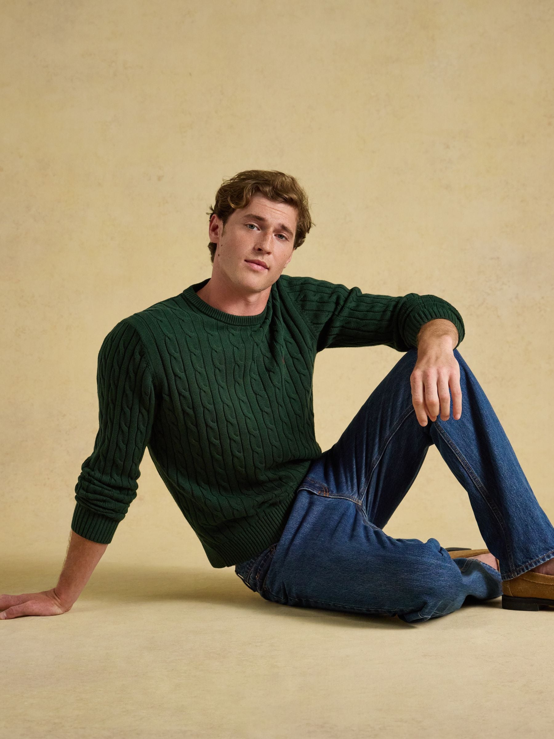 Green Crew Neck Cotton Cable Knit Jumper