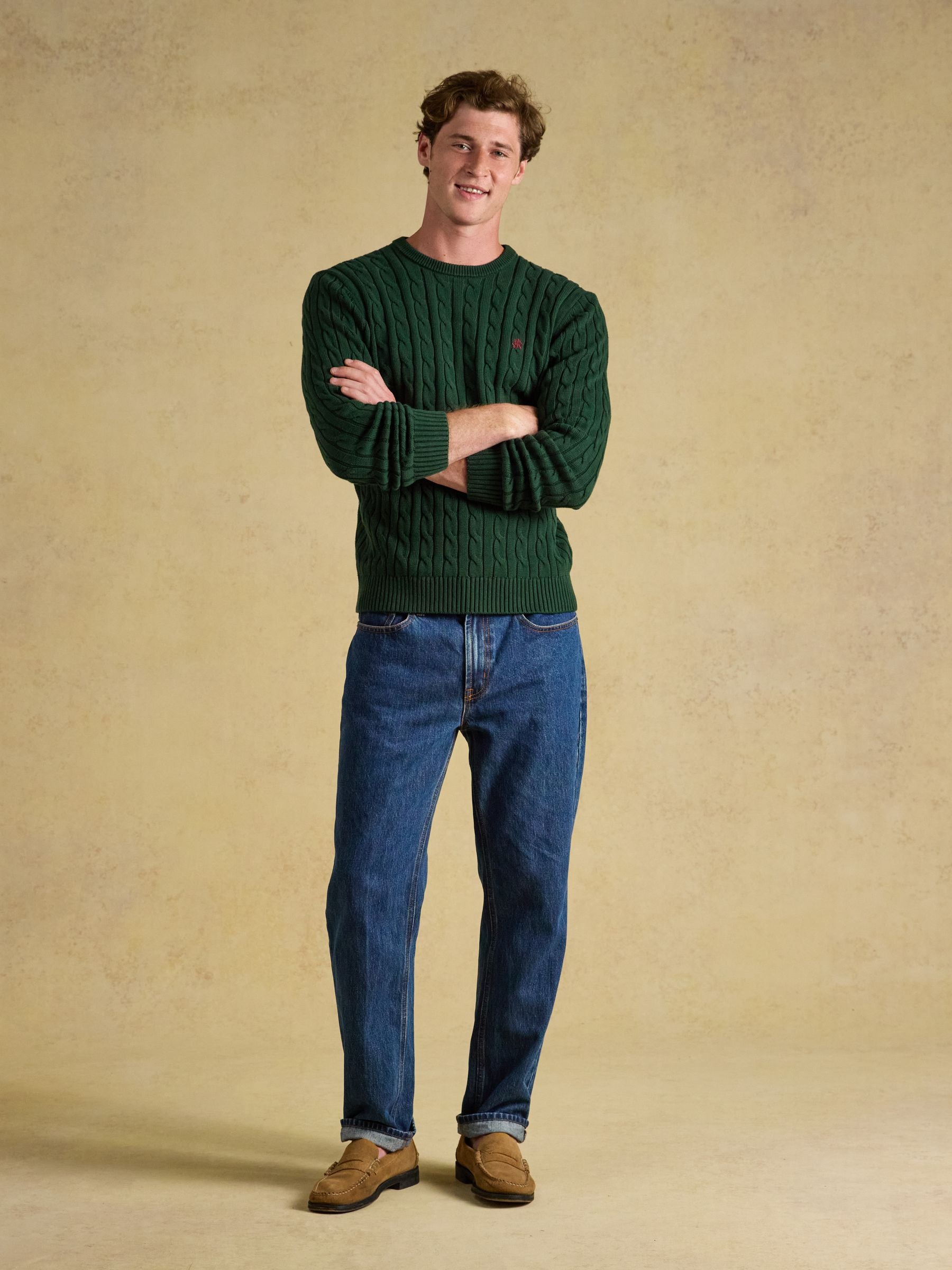 Green Crew Neck Cotton Cable Knit Jumper